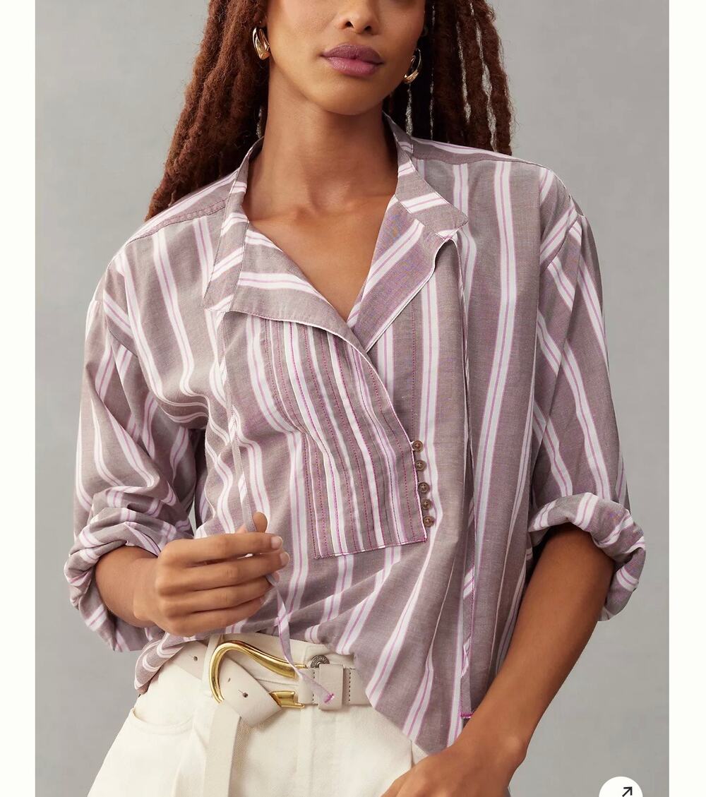 Pilcro Anthropologie Women's Pink Brown Stripe Long sleeve Popover Top Sz S